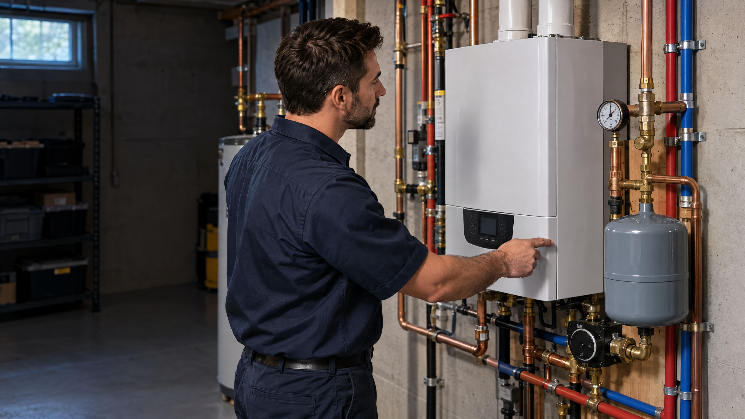 Licensed HVAC technician inspecting a Navien boiler pressure gauge in a Long Island home