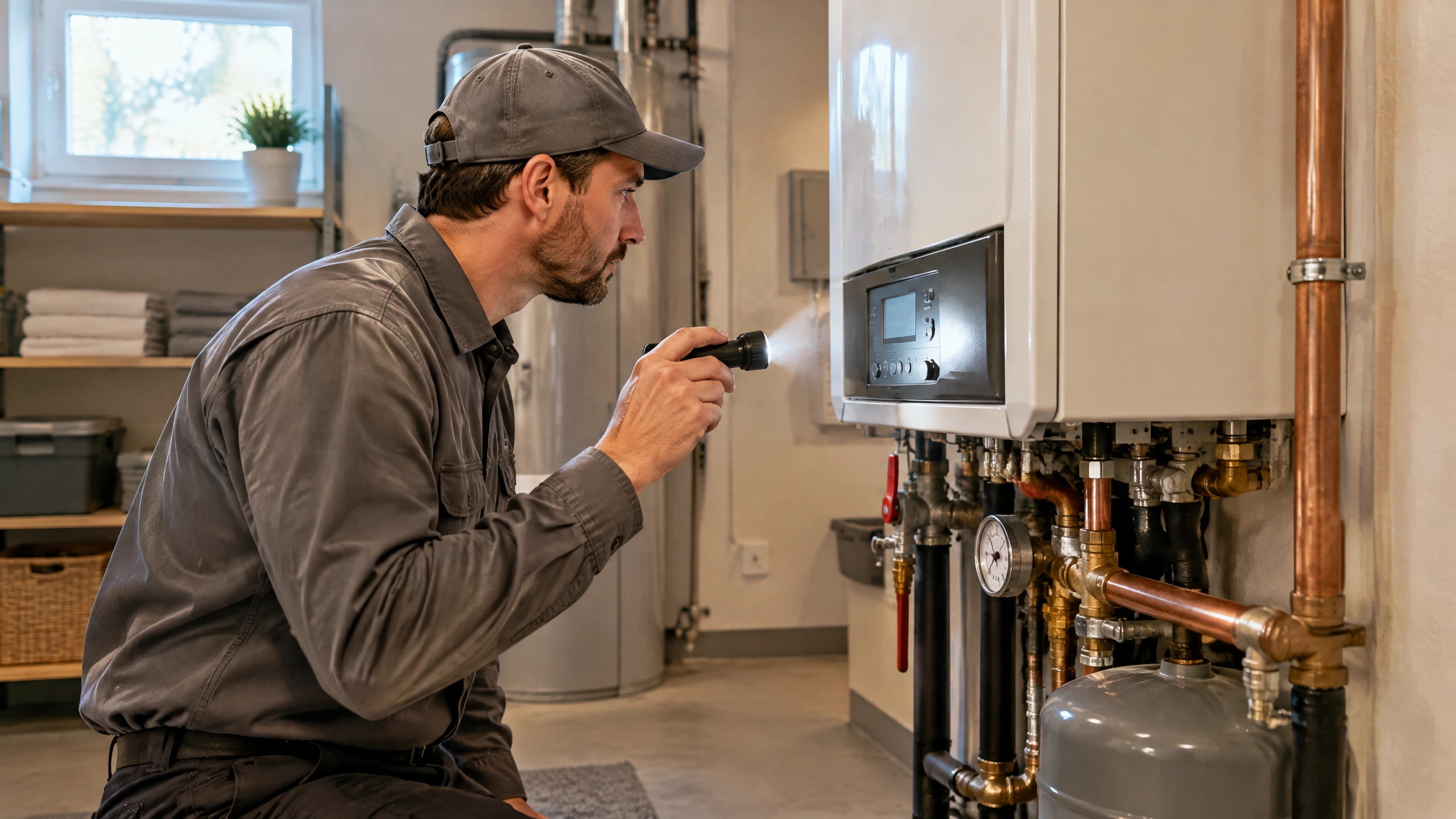Homeowner reviewing a Navien boiler system while radiators remain cold