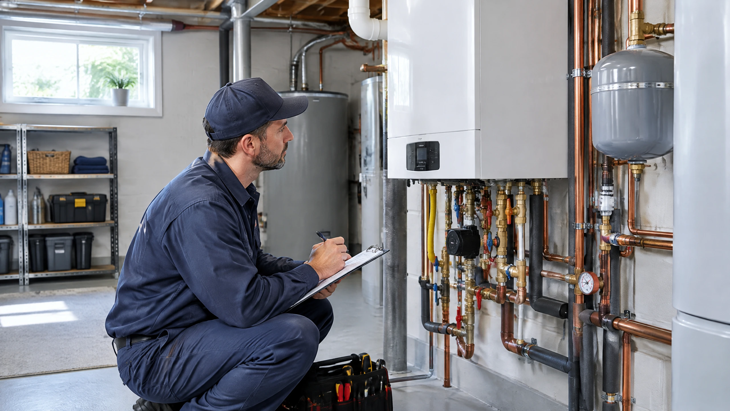 Licensed technician performing safety and maintenance checks on a Navien boiler in a Long Island home