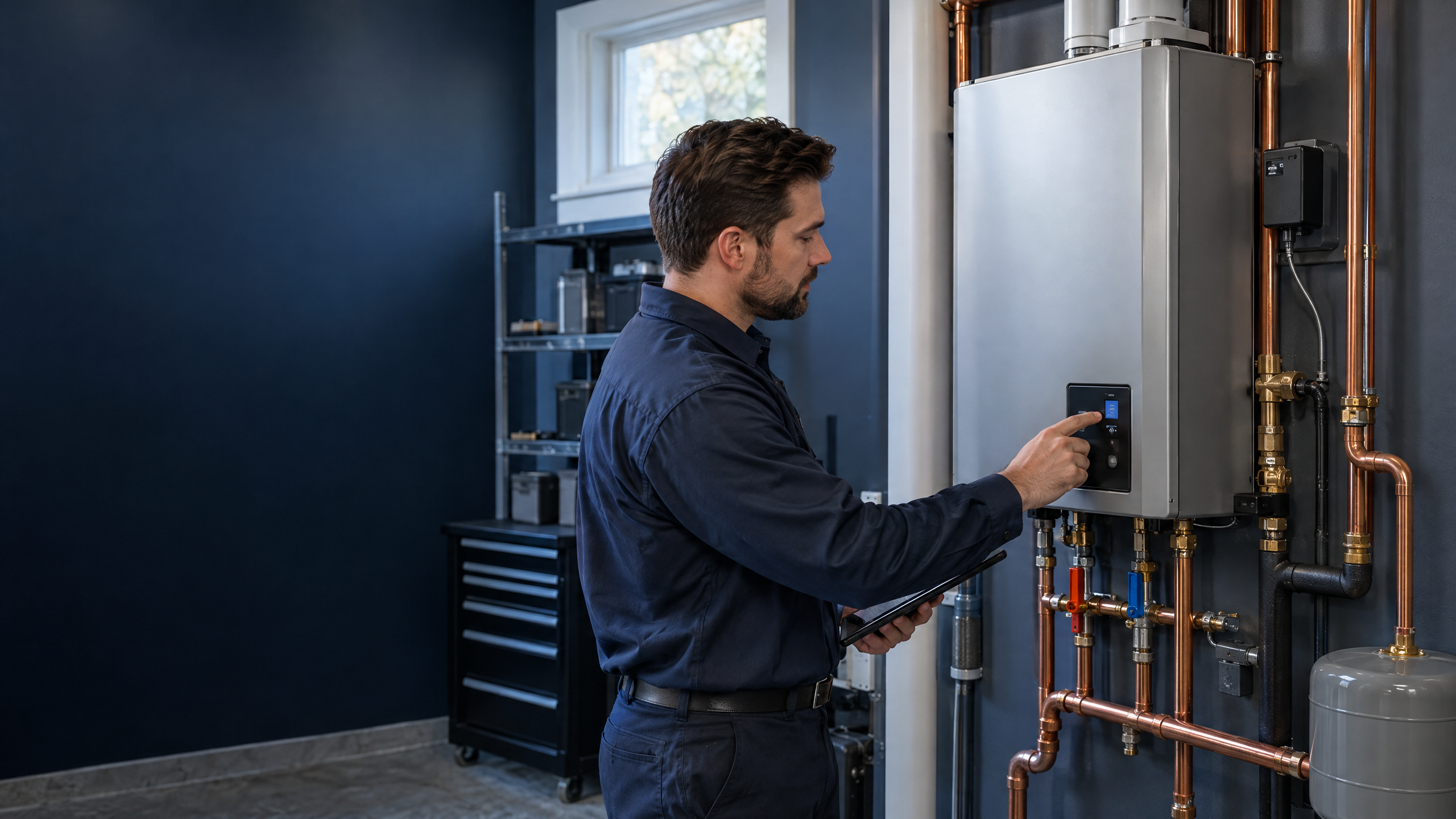 Licensed HVAC technician inspecting a Navien tankless water heater in a Long Island home