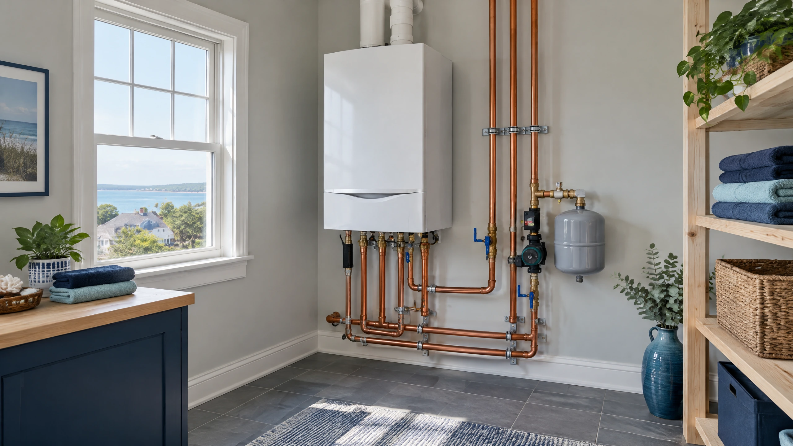 Navien boiler installation equipment providing heating and hot water for a Long Island home